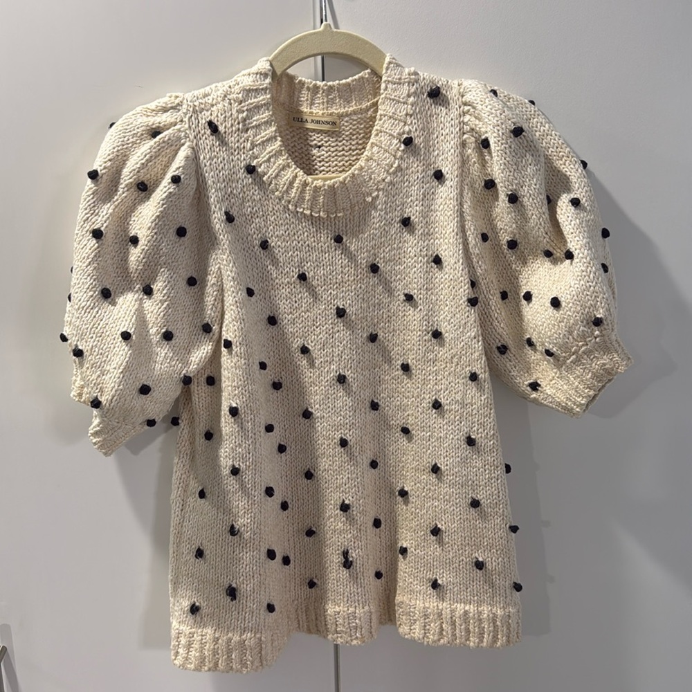 Ulla Johnson puff sleeve polka dot white + black short sleeve spring sweater
